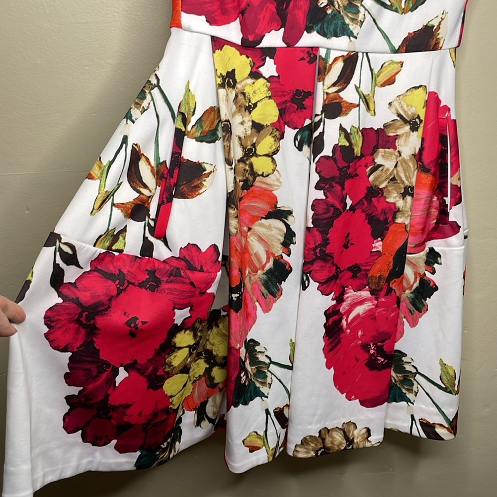 ROZ & ALI Floral Dress White & Fuchsia Sleeveless Pleated Full Skirt Exposed Zip - Picture 4 of 13